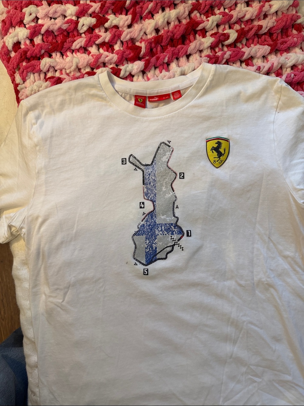 Ferrari/Puma White Short-Sleeve Tee with Blue & Gray Graphic and Yellow Shield